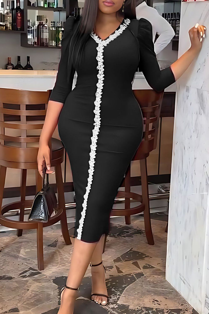 Casual Solid Patchwork V Neck Pencil Skirt Dresses