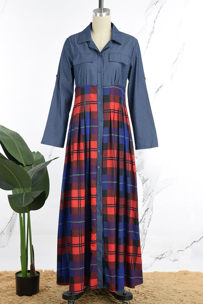 Casual Plaid Patchwork Turndown Collar Long Sleeve Dresses