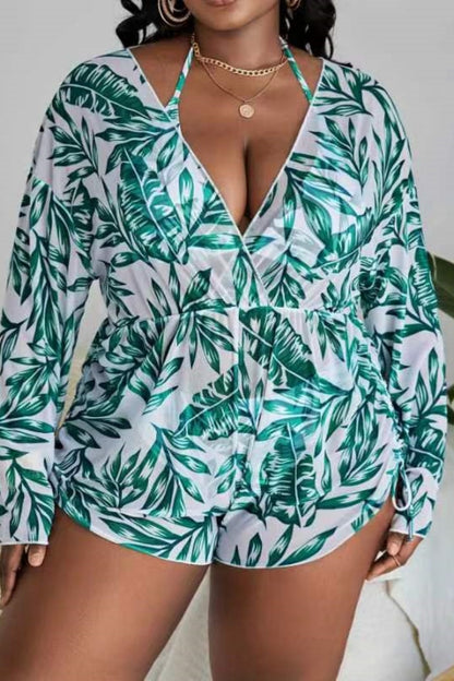 Casual Print Bandage V Neck Plus Size Swimwear Three Piece Set