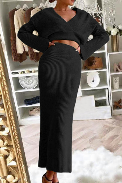 Casual Solid Patchwork V Neck Long Sleeve Two Pieces