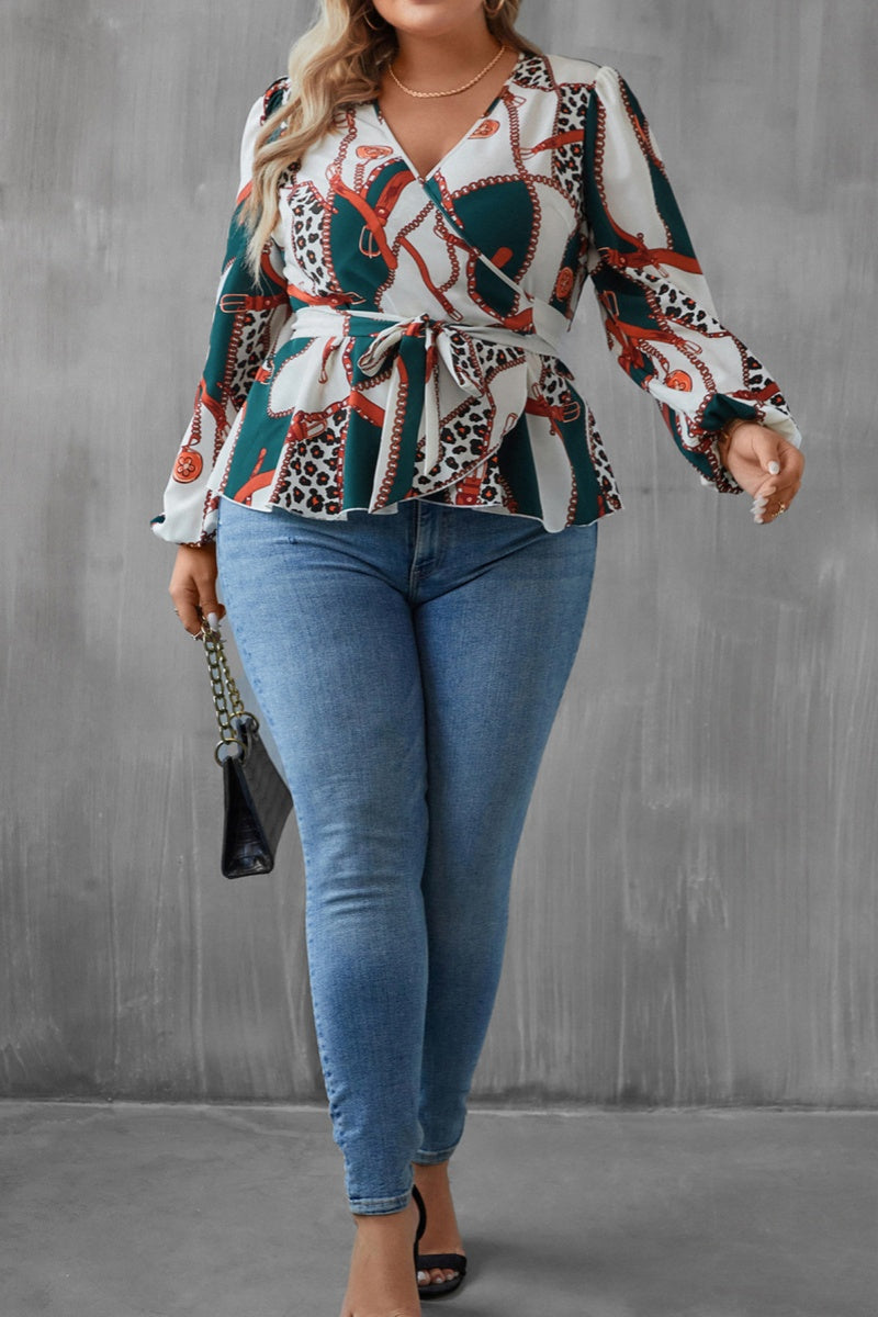 Casual Print Patchwork V Neck Plus Size Tops