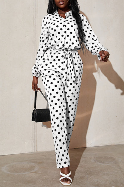 Casual Dot Print Patchwork Shirt Collar Regular Jumpsuits