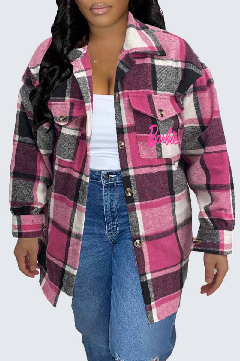 Casual Plaid Print Letter Turndown Collar Tops