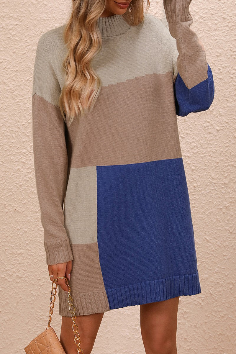 Casual Patchwork Contrast O Neck Long Sleeve Dresses