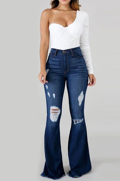 Fashion Casual Solid Ripped High Waist Regular Denim Jeans