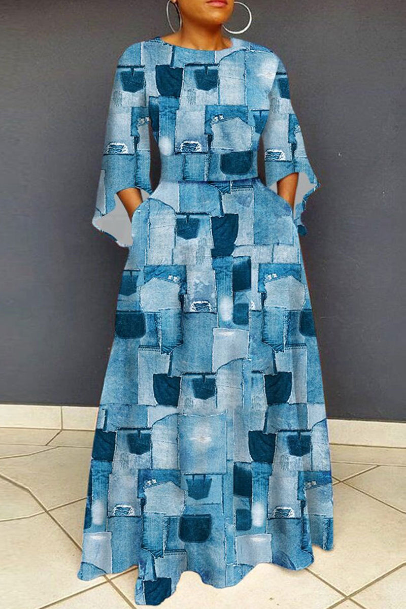 Casual Print Patchwork O Neck Long Dress Plus Size Dresses