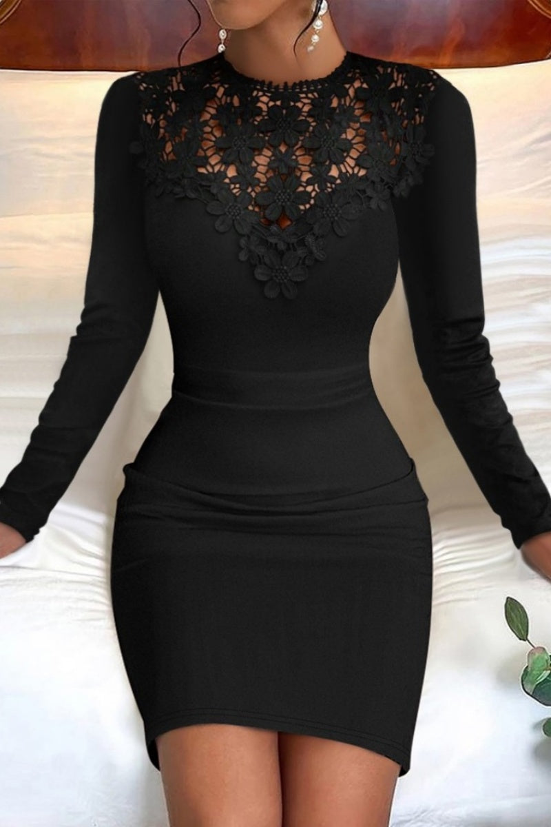 Casual Solid Hollowed Out O Neck Long Sleeve Dresses