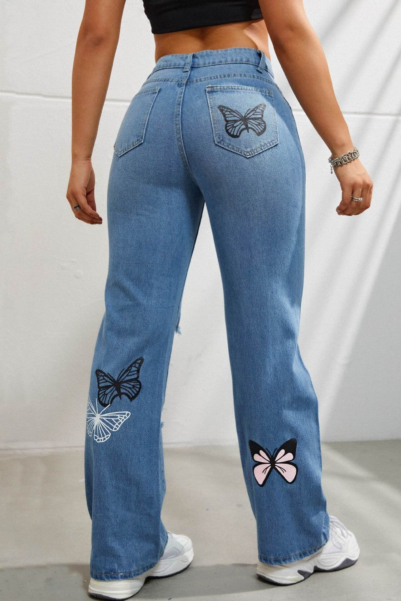 Casual Butterfly Print Ripped High Waist Regular Denim Jeans