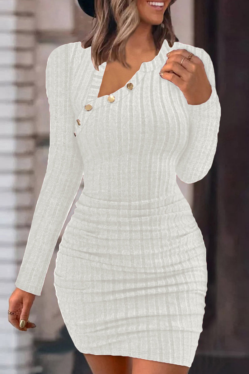 Casual Solid Basic Oblique Collar Long Sleeve Dresses