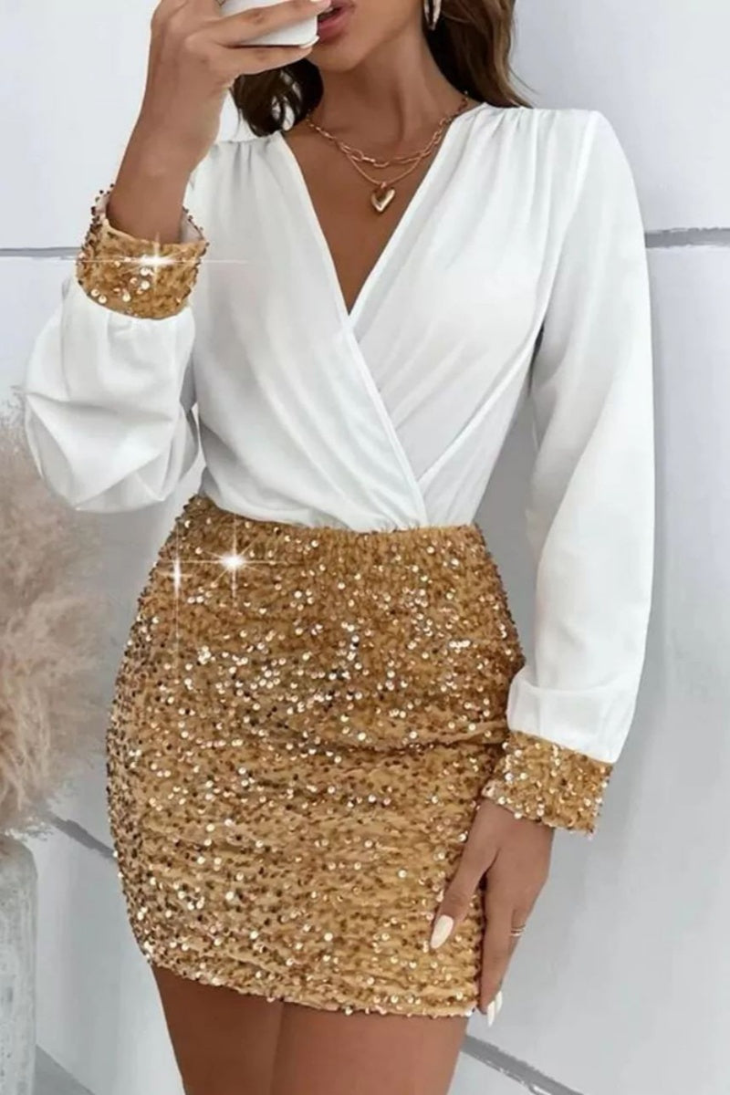 Casual Solid Sequins Patchwork V Neck Long Sleeve Dresses