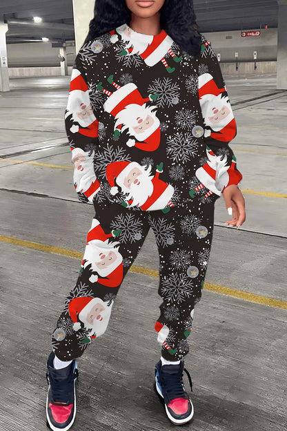 Casual Print Santa Claus Basic O Neck Long Sleeve Two Pieces