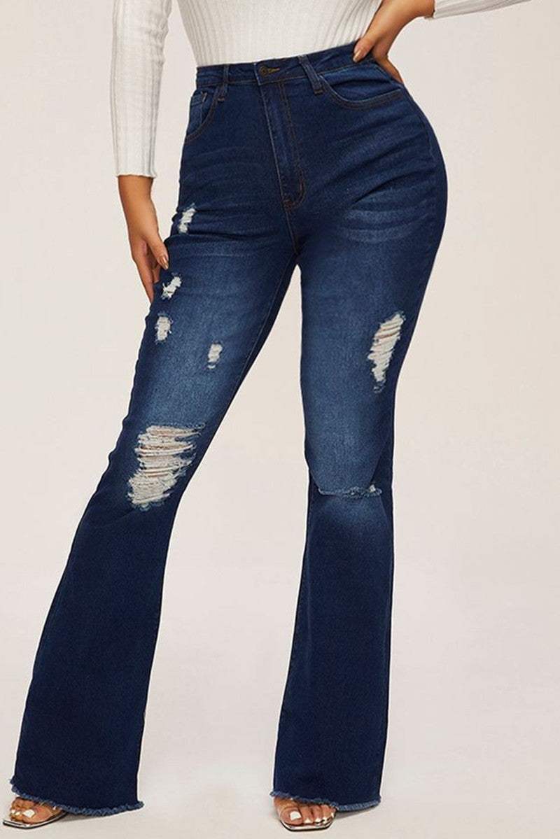 Fashion Casual Solid Ripped High Waist Regular Denim Jeans