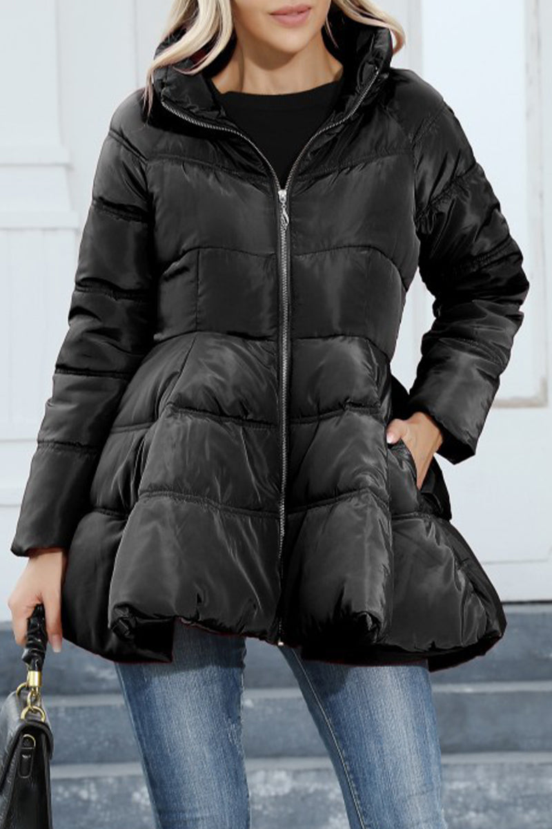 Elegant Solid Pocket Zipper Mandarin Collar Outerwear