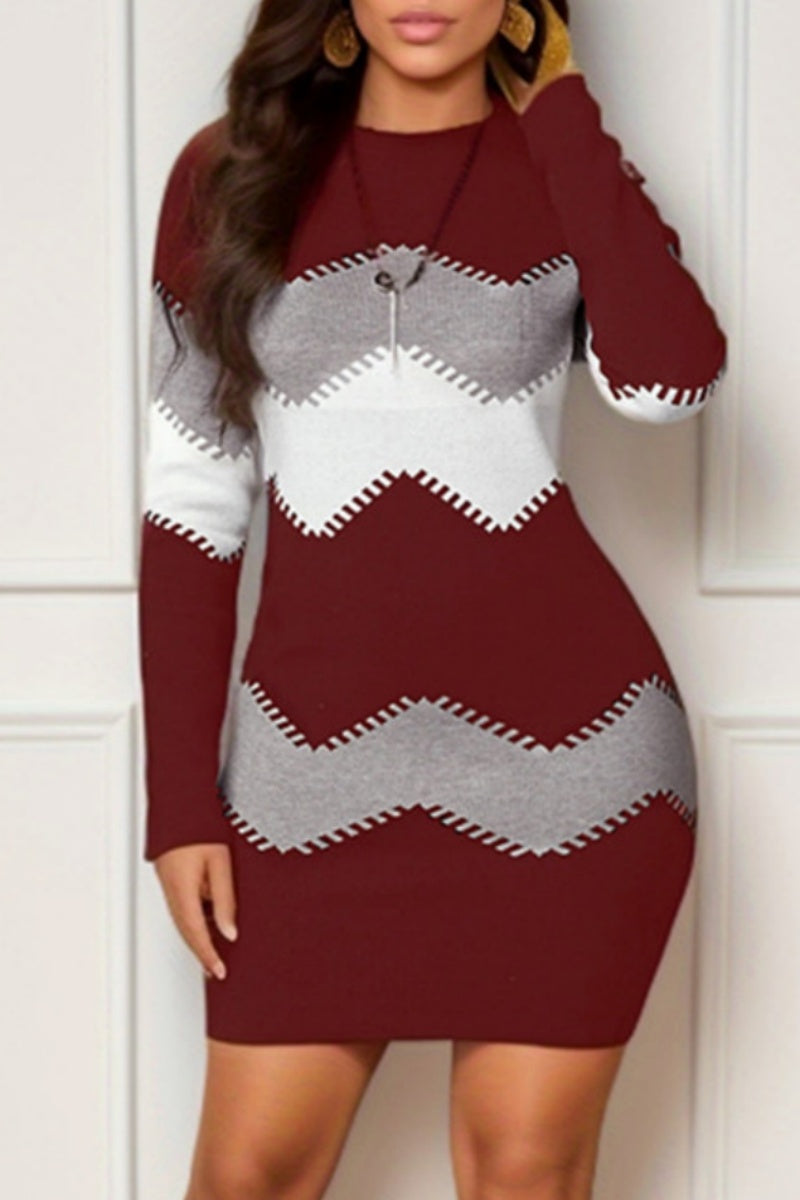 Casual Patchwork Basic O Neck Long Sleeve Dresses