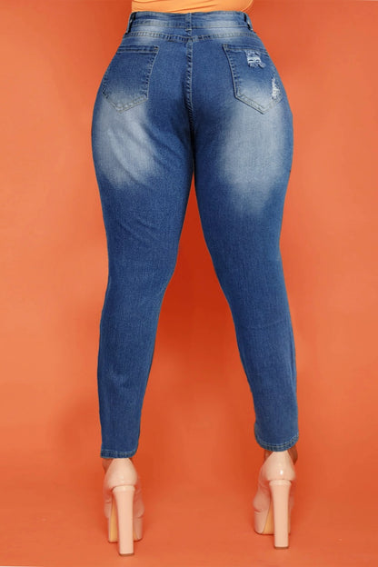 Casual Solid Ripped High Waist Regular Denim Jeans