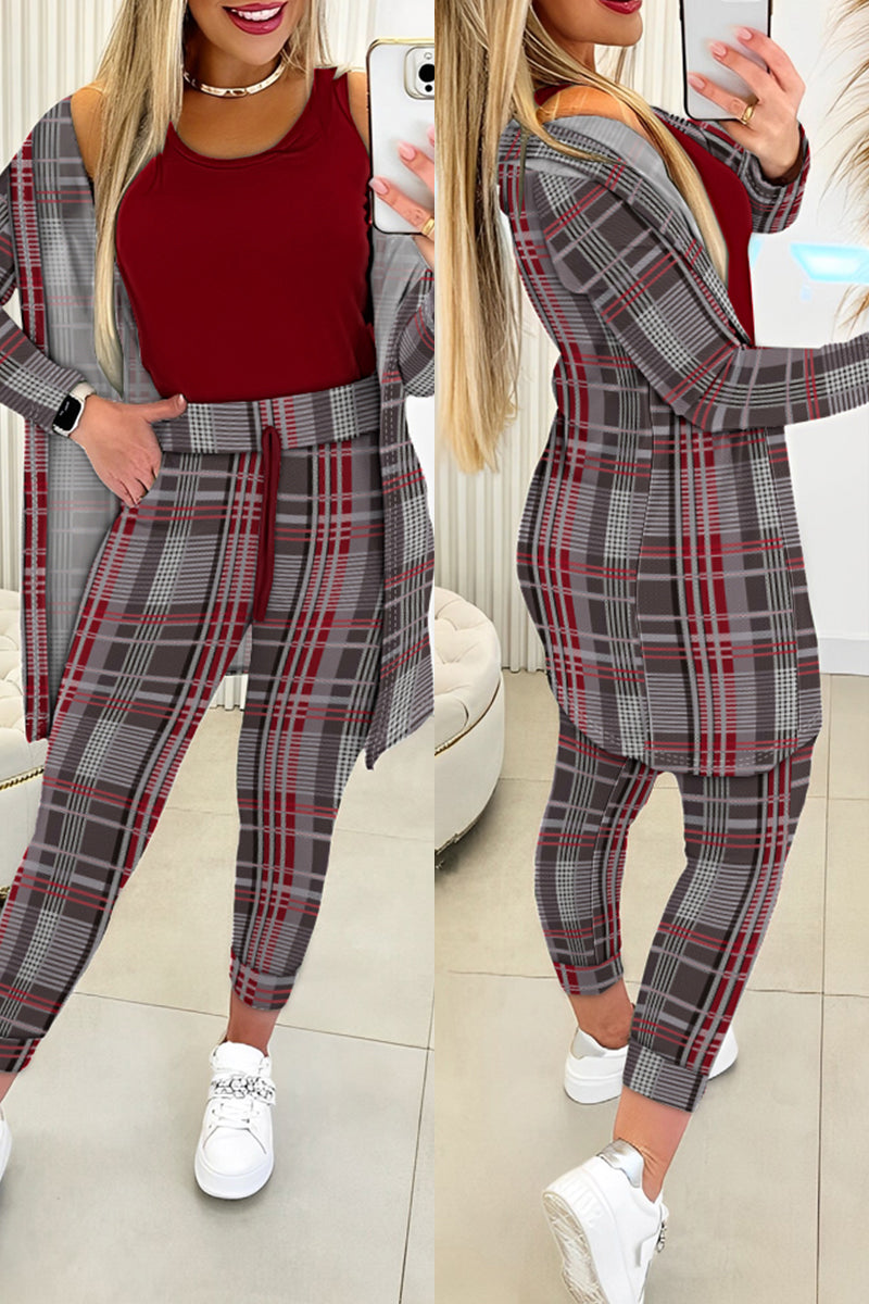 Casual Print Patchwork O Neck Long Sleeve Three Piece Set