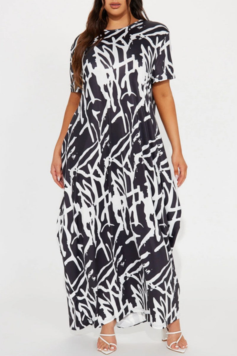 Casual Print Basic O Neck Short Sleeve Dress Dresses