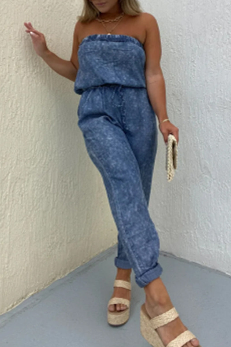 Casual Solid Make Old Pocket Strapless Regular Jumpsuits