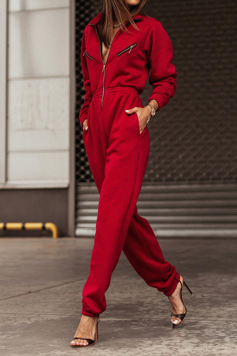 Casual Simplicity Solid Pocket Zipper Turndown Collar Regular Jumpsuits