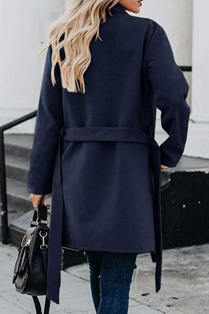 Casual Solid With Belt Turndown Collar Outerwear