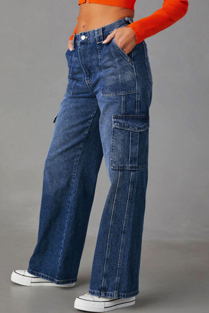 Casual Solid Patchwork High Waist Straight Denim Jeans