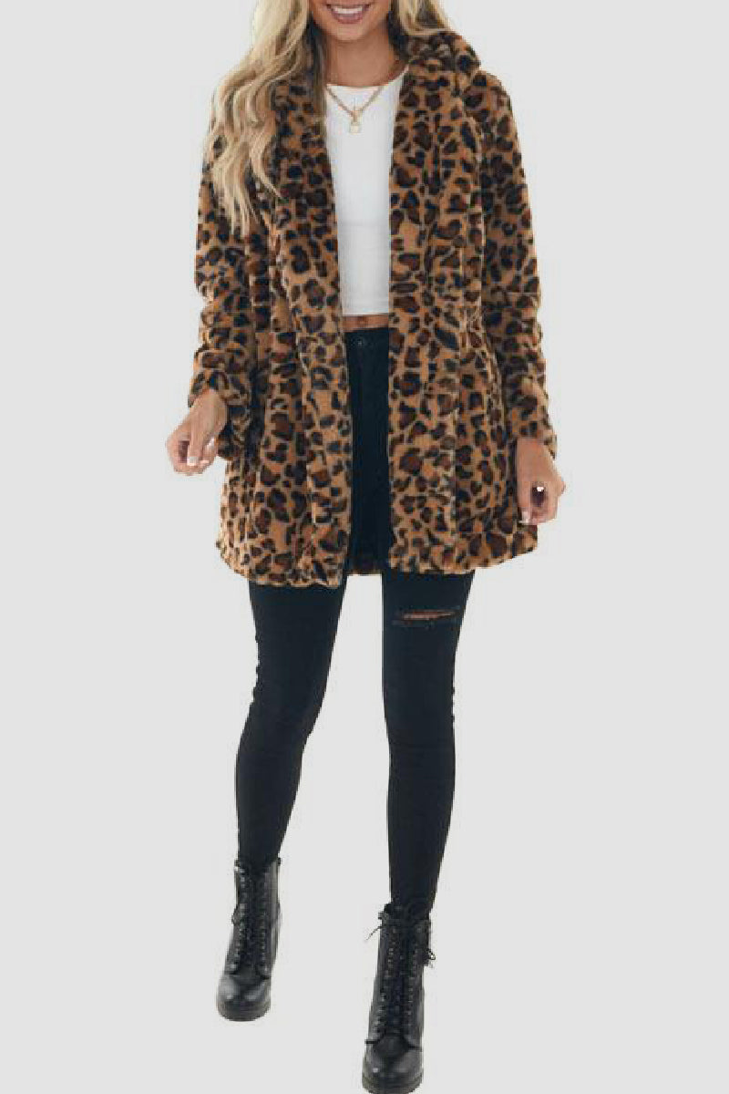 Casual Leopard Cardigan Turndown Collar Outerwear