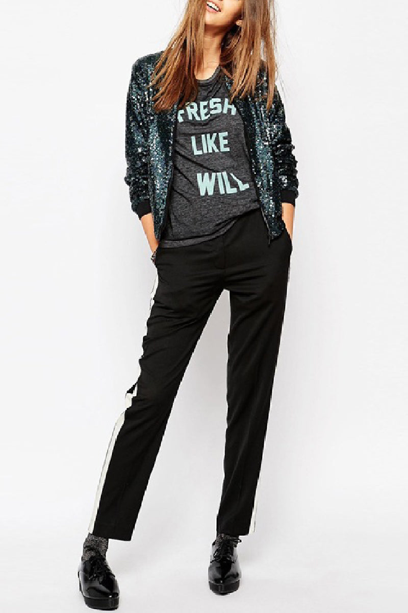 Casual Patchwork Sequins Zipper Collar Outerwear