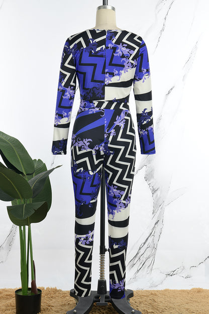 Casual Print Basic O Neck Skinny Jumpsuits