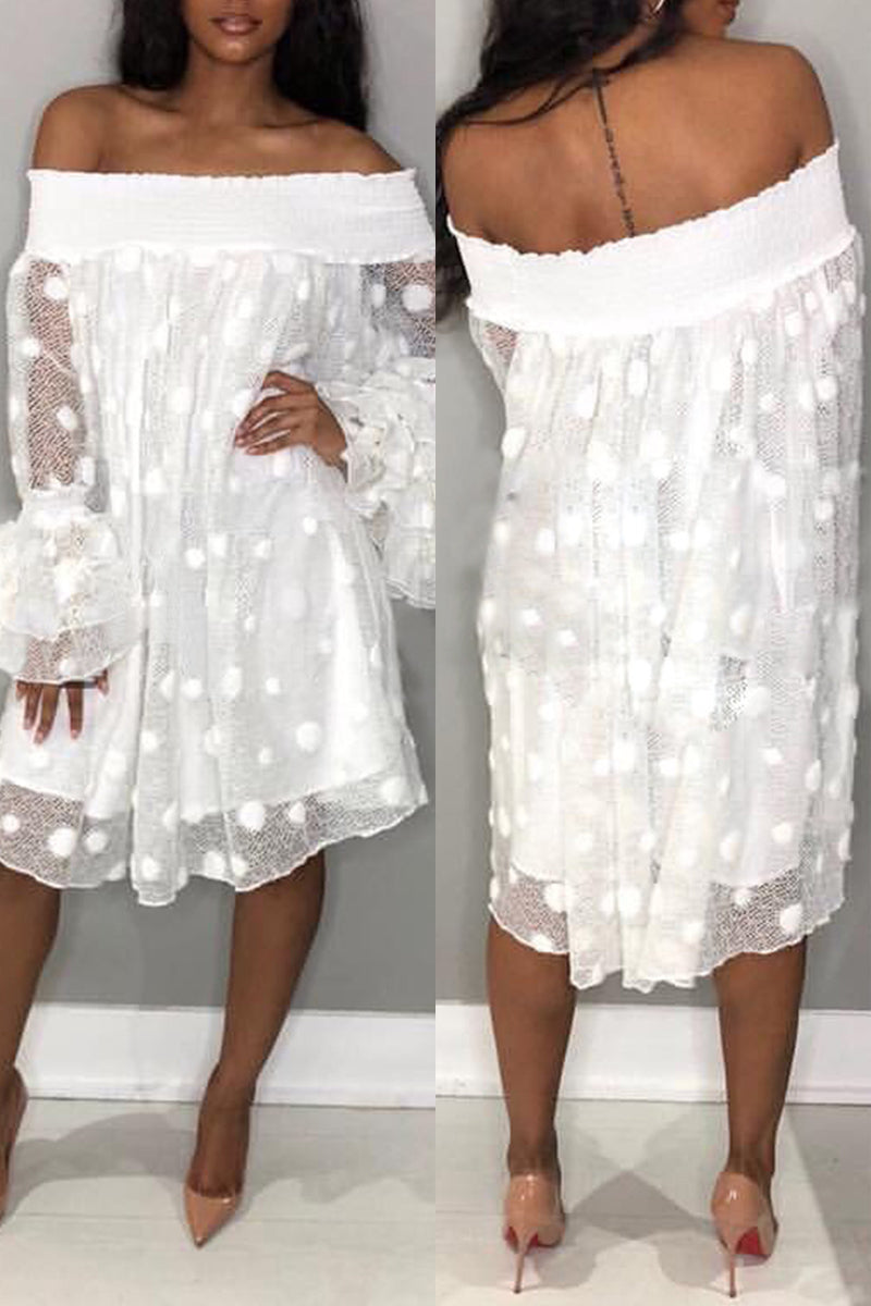 Casual Dot Patchwork Off the Shoulder Long Sleeve Dresses