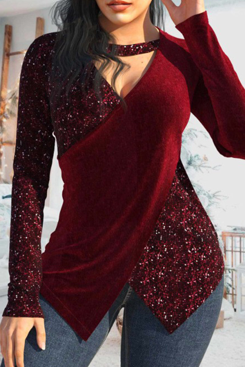 Casual Patchwork Sequins V Neck Tops