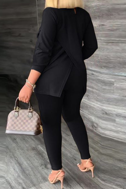 Casual Solid Slit Turtleneck Plus Size Two Pieces