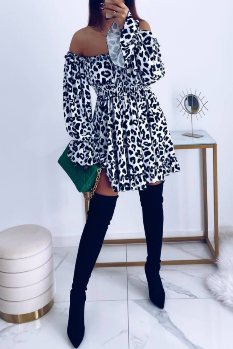 Casual Print Leopard Backless Off the Shoulder Dresses