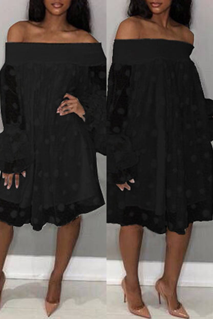 Casual Dot Patchwork Off the Shoulder Long Sleeve Dresses