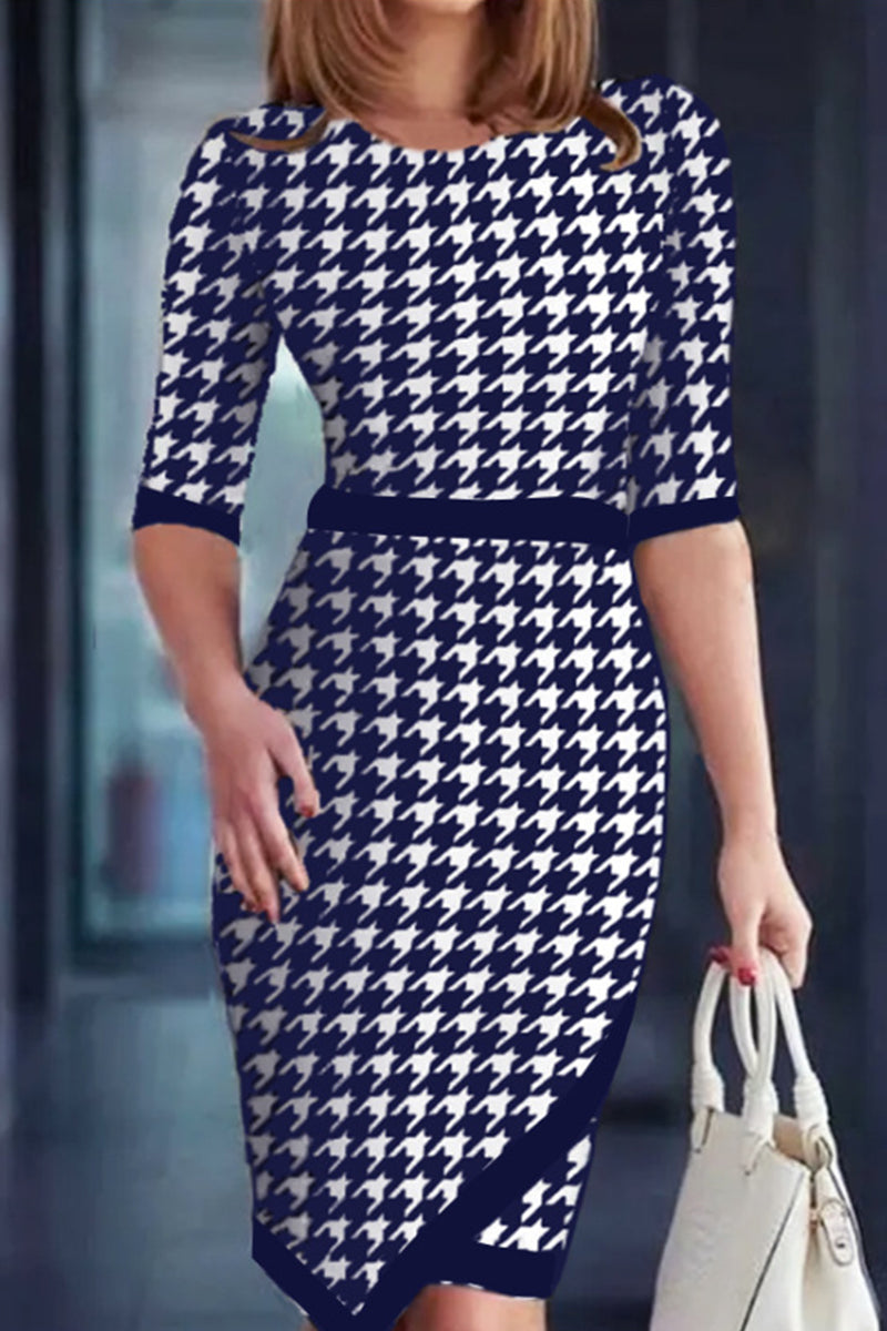 Elegant Print Patchwork U Neck Wrapped Skirt Dresses