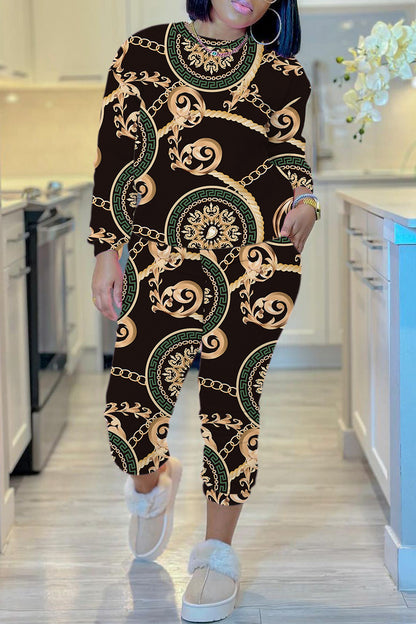 Casual Print Basic O Neck Long Sleeve Two Pieces