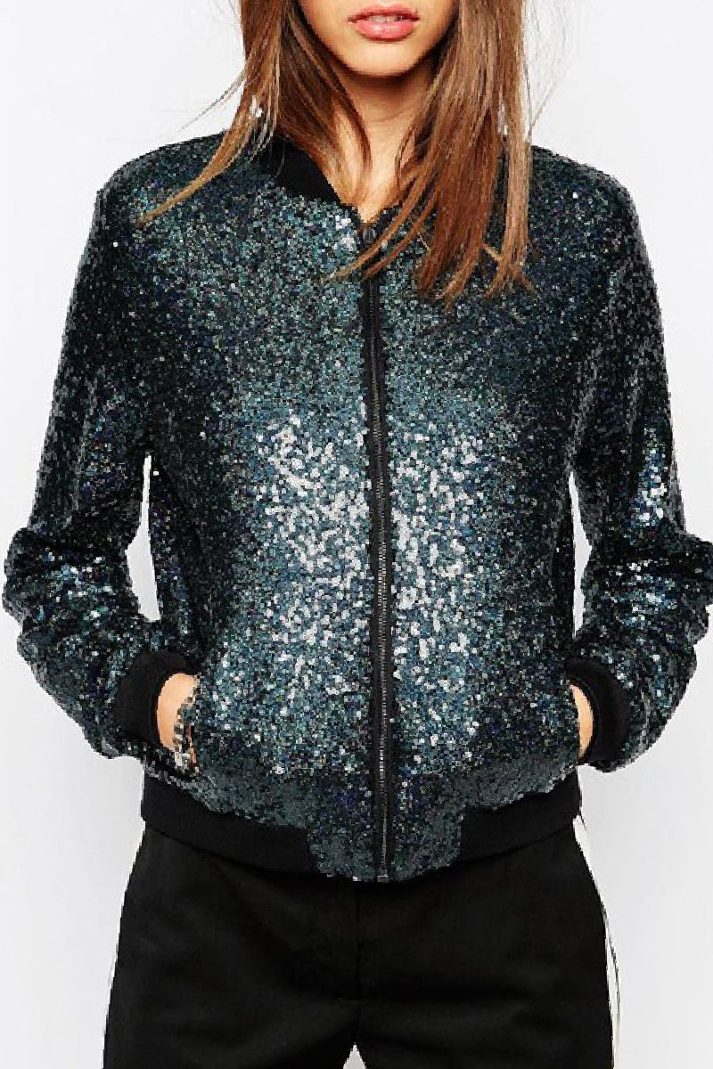 Casual Patchwork Sequins Zipper Collar Outerwear