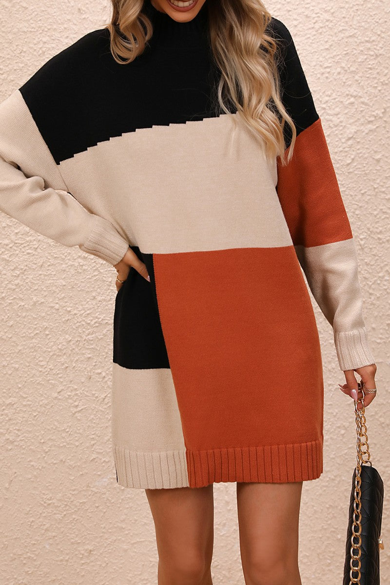 Casual Patchwork Contrast O Neck Long Sleeve Dresses