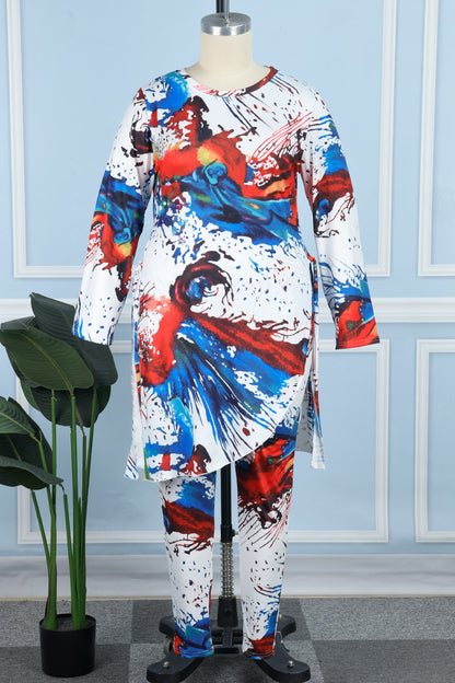 Casual Print Frenulum O Neck Plus Size Two Piece Set