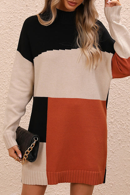 Casual Patchwork Contrast O Neck Long Sleeve Dresses