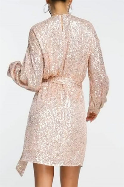 Casual Patchwork Sequins O Neck Long Sleeve Dresses