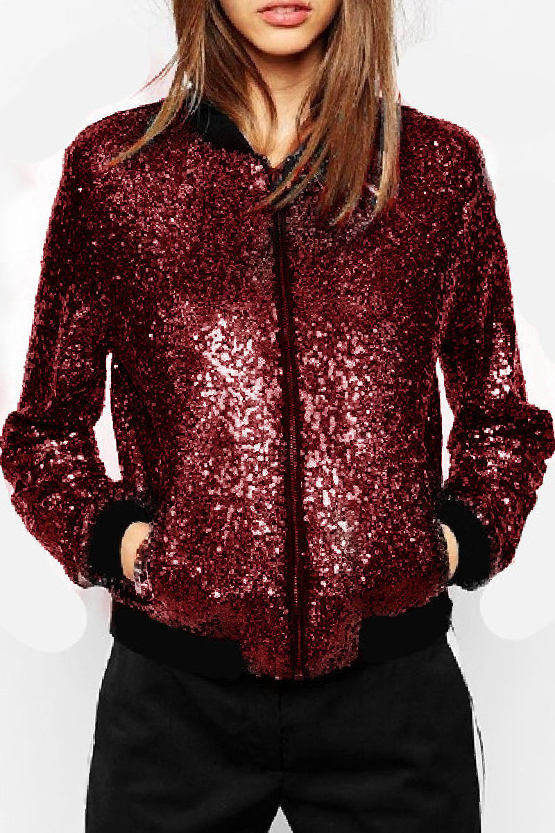 Casual Patchwork Sequins Zipper Collar Outerwear