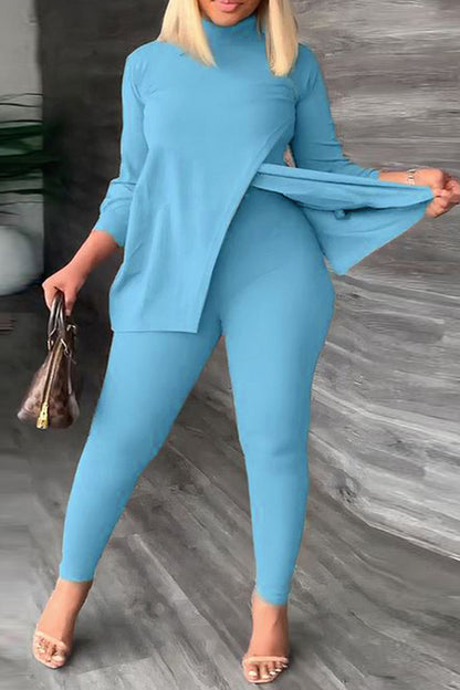 Casual Solid Slit Turtleneck Plus Size Two Pieces