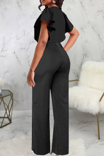 Sexy Solid Patchwork Asymmetrical Collar Loose Jumpsuits