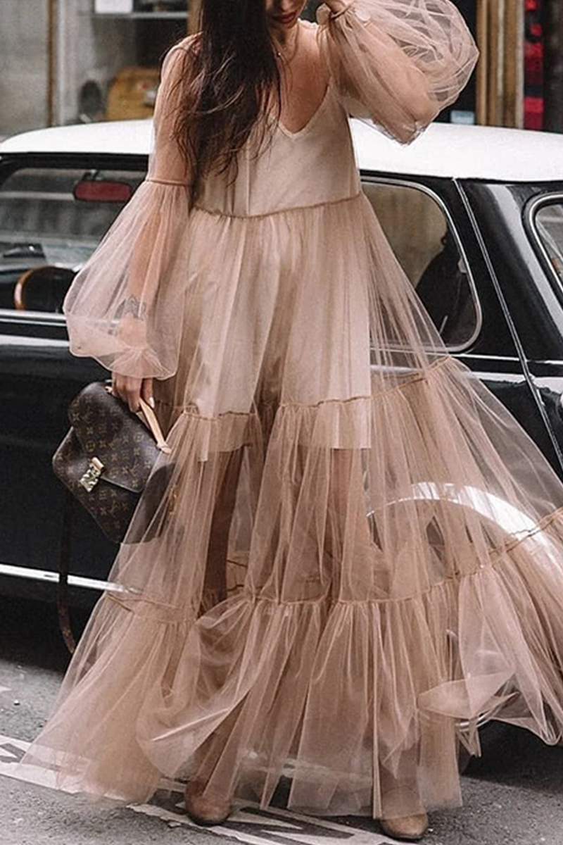 Elegant Solid See-through V Neck Long Sleeve Dresses