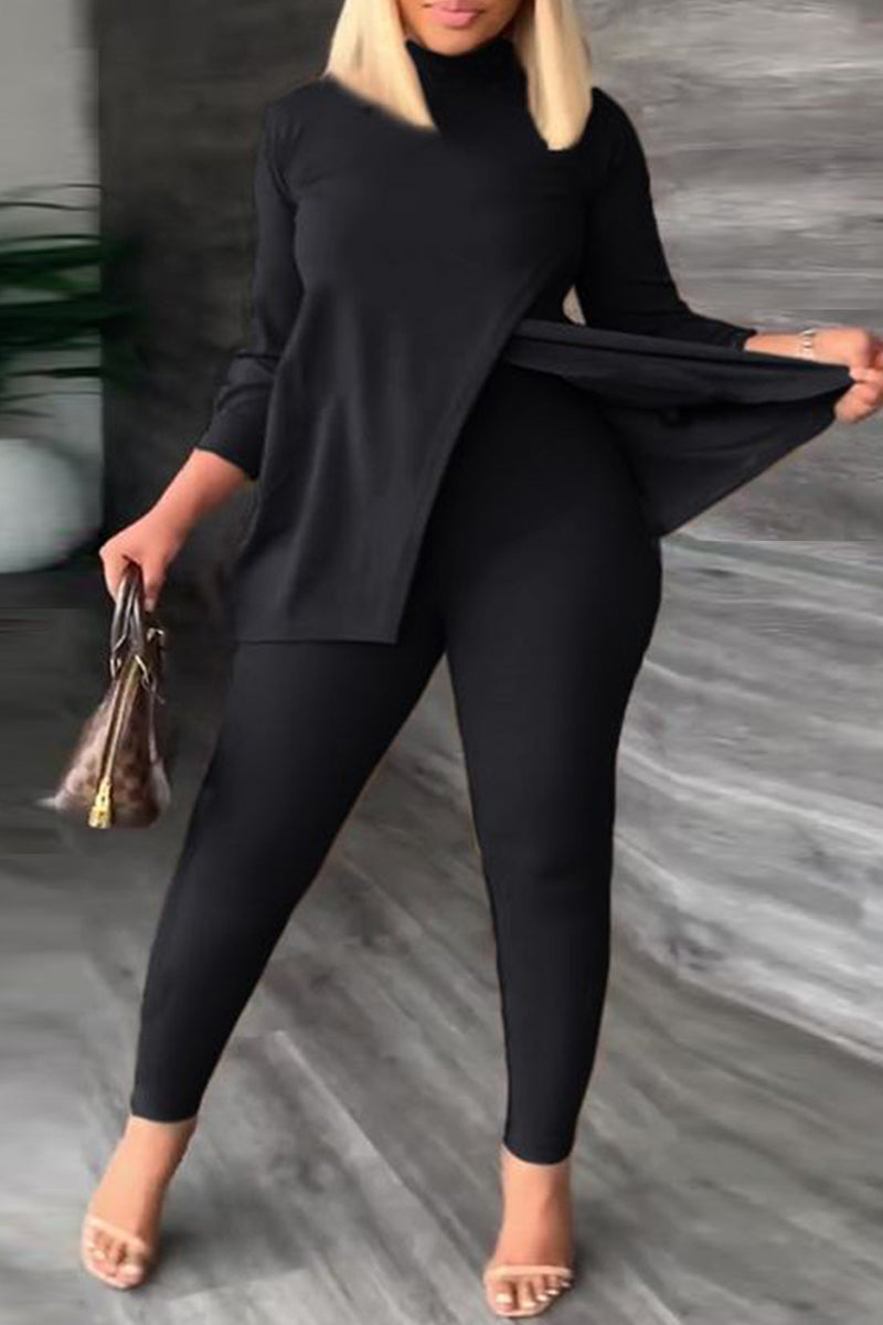 Casual Solid Slit Turtleneck Plus Size Two Pieces