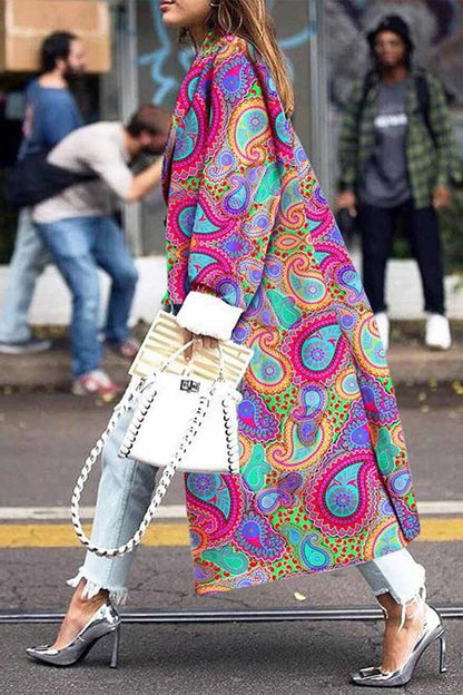 Street Elegant Print Patchwork Turn-back Collar Outerwear