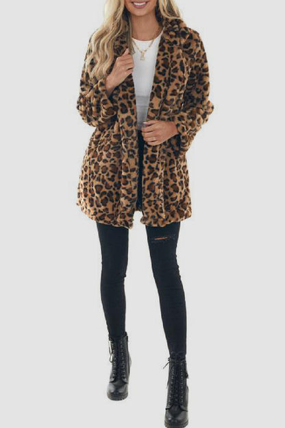 Casual Leopard Cardigan Turndown Collar Outerwear