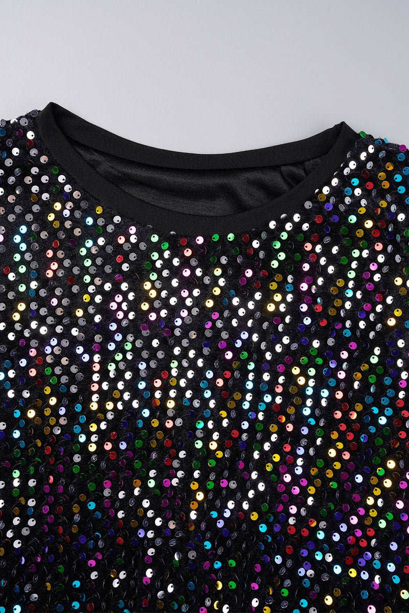 Street Sequins Patchwork O Neck Long Sleeve Two Pieces