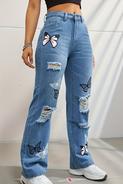 Casual Butterfly Print Ripped High Waist Regular Denim Jeans