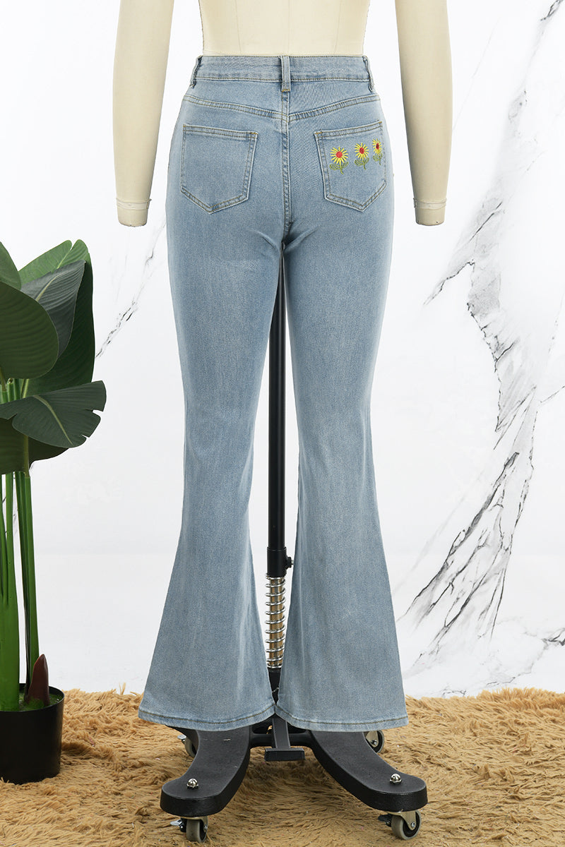 Casual Solid Embroidered High Waist Regular Denim Jeans